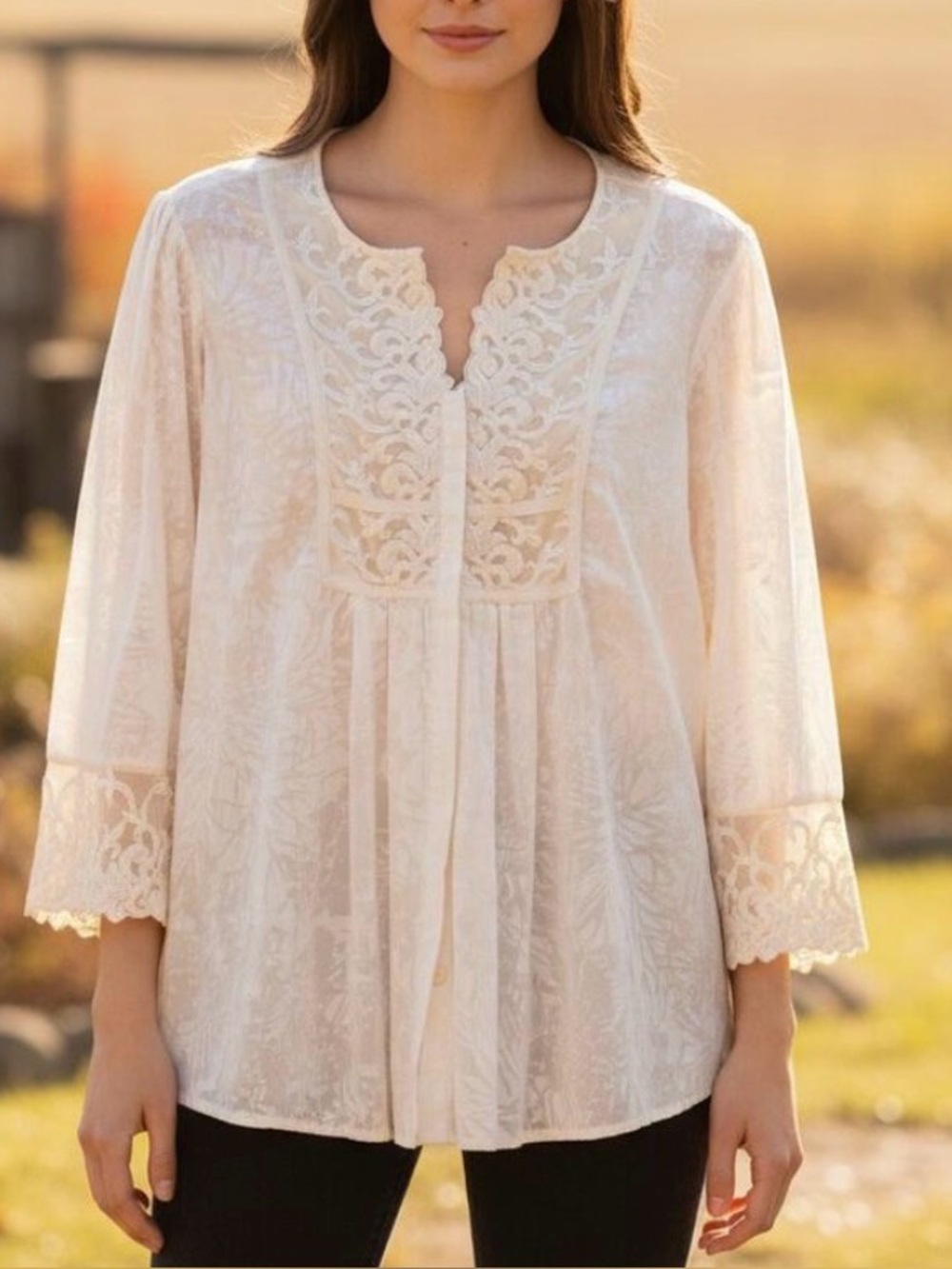 Coldwater Creek ivory white embroidered blouse sheer pleated boho romantic Large